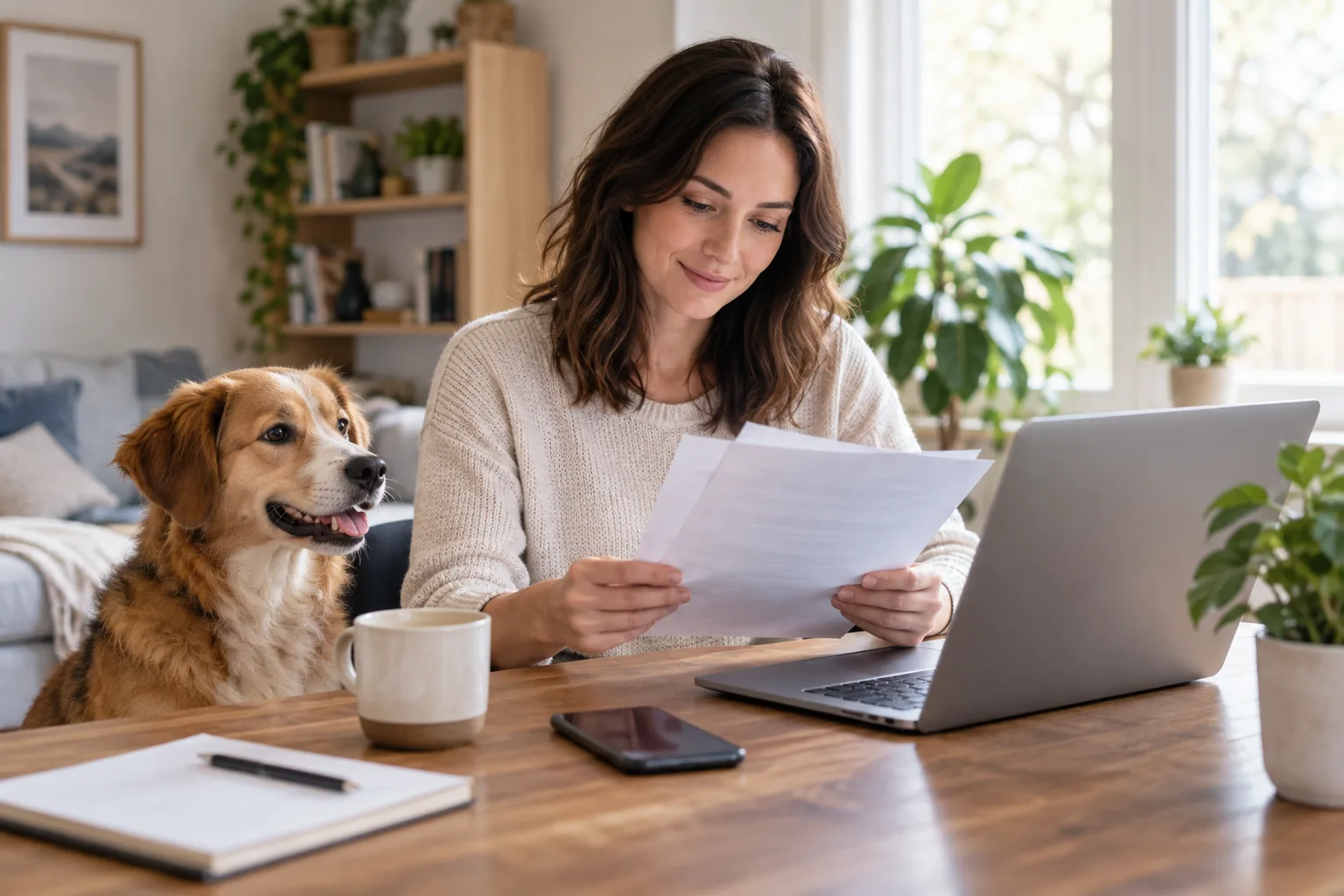 Owner reviewing papers with a beagle-type dog beside a laptop
